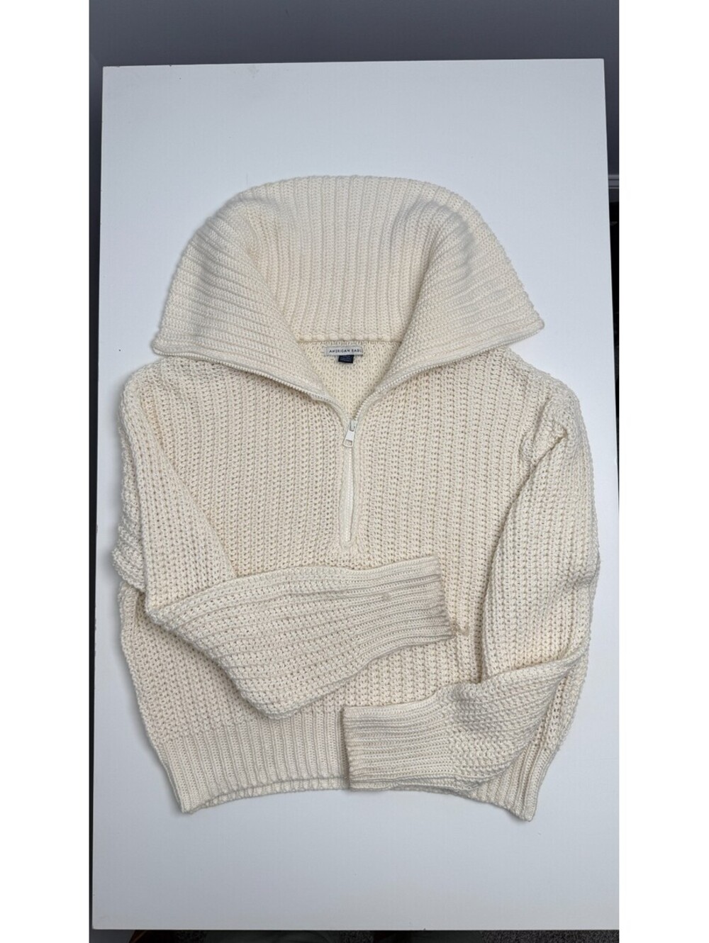 American Eagle Womens Small Chunky Knit Quarter Zip Sweater Ivory Cream Cotton